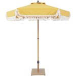 Parasol hossegor droit � franges 2m. ocre. acier. m�t effet bois. upf 30 + . d 200 x h 225 cm