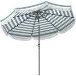 Parasol de jardin � franges inclinable dia. 2, 7 x 2, 4m m�tal tissu upf 30 + bleu blanc ray�