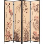 Paravent japonais en bois et bambou 4 pans avec dessin coloris noir - hauteur 175 x largeur 176 x profondeur ...