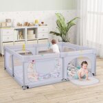 Parc bebe avec matelas 50 balles de jeu 4 anneaux de traction et 4 portes zippees gris clair