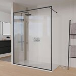 Paroi de douche italienne 140x200cm, verre nano 8mm, profil mural + barre stabilisation noir mat - frame ...