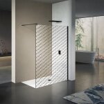 Paroi de douche � l'italienne en verre 8mm avec s�rigraphie oblique profil� et barre de fixation en noir ...