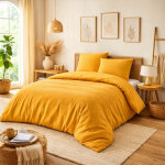 Parure de couette nidra 240 x 220 cm ? coton nid d?abeille ? curry ? 2 taies 65 x 65 cm