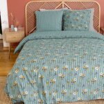 Parure de lit 220x240 cm - cote deco - imprim� floral et ray� - microfibre - 3 pi�ces - lavable � 40� ...