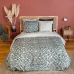 Parure de lit 220x240 cm - cote deco - housse de couette r�versible - motif floral kaki - microfibre ...