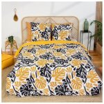 Parure de lit - c�t� d�co - motif tropical noir et jaune - 220x240 cm - 100% coton - recto feuillage ...