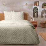 Parure de lit double � rayures fleurie effet lin 240x220cm