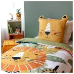 Parure de lit enfant lion ? housse de couette 140x200 cm + 1 taie d?oreiller oreilles matelasses ? animaux ...