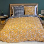Parure de lit - housse de couette - 220x240 cm - 100% coton - imprim� floral jaune, bleu - r�versible ...