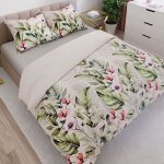 Parure de lit paradis 220x200 cm - satin de coton, motif plantes tropicales