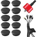 Passe - c�bles de bureau et gaine de c�ble, kit noir ? 10 passe - c�bles en plastique de 60 mm, 1 scie ...