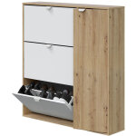 Pegane - meuble � chaussures, commode � chaussures avec 4 portes coloris ch�ne nordique, blanc artik ...