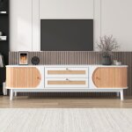 Pergar - meuble tv 170 cm, en bois naturel, avec tiroirs et porte coulissante, rangement, côtés en rotin, ... Pergar - meuble tv 170 cm, en bois naturel, avec tiroirs et porte coulissante, rangement, côtés en rotin, ...