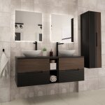 Petits - meubles - ensemble meuble double vasque 140cm niche et colonne sylla noir et bois