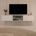 Petits - meubles - meuble tv 2 portes 160x35x55, 2 cm blanc et naturel - cisko Petits - meubles - meuble tv 2 portes 160x35x55, 2 cm blanc et naturel - cisko