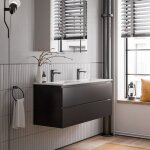 Meuble double vasque suspendu salle de bain mdf noir mat, lavabos céramique blanc brillant + trous robinets, ... Meuble double vasque suspendu salle de bain mdf noir mat, lavabos céramique blanc brillant + trous robinets, ...