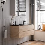 Meuble double vasque suspendu salle de bain mdf chêne miel, lavabos céramique noir mat + trous robinets, ... Meuble double vasque suspendu salle de bain mdf chêne miel, lavabos céramique noir mat + trous robinets, ...