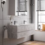 Meuble double vasque suspendu salle de bain mdf gris bton, lavabos cramique blanc brillant + trous ...