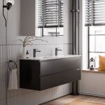 Meuble double vasque suspendu salle de bain mdf noir mat, lavabos céramique blanc brillant + trous robinets, ... Meuble double vasque suspendu salle de bain mdf noir mat, lavabos céramique blanc brillant + trous robinets, ...