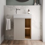 Meuble vasque gris soie de salle de bain 55x24x59cm (lxpxh) 1 porte  gauche + 2 cases rangement - beldivo ...