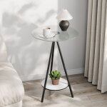 Sinbinta - petite table d'appoint salon, bout de canap ronde en verre tremp table de chevet cadre en ...