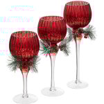 Photophore en verre avec branche festive, 3 pices
