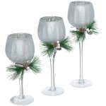 Photophore en verre avec branche festive, 3 pices