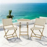 Pier import - salon de jardin table ronde + 2 chaises r�sine blanche tress�e motifs beiges bistrot
