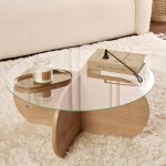Table basse en verre - pied en croix effet ch�ne clair salta