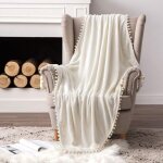 Plaid couverture polaire en flanelle velours 1 pice moelleux douce chaude fourrure avec pompom pour ...