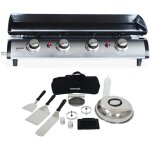 Plancha au gaz 4 feux. porthos 4 br�leurs. 10 kw barbecue grande plaque �maill�e inox avec ustensiles ...