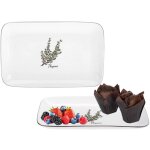 Plat rectangulaire en porcelaine provence thyme 30 cm, blanc laiteux, imprim� color� de brins de thym, ...