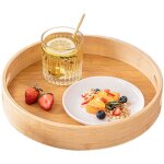 Plateau rond en bambou avec poign�es et plateau de service sur�lev� pour aliments, caf�, vin, th�, fruits ...