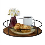 Plateau de service, bois et fer, design rond, bord lev, h x d : 6 x 31 cm, marron et noir - relaxdays ...