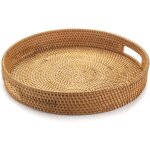Plateau de service rond en rotin, plateau de service en osier avec poign�es d�coup�es, panier de service ...