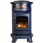 Pole  gaz 3400w fonte vritable ? chauffage d'appoint design bleu marine - effet feu de bois, mobile ...