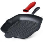 Poele grill carree en fonte avec manche en silicone pour toutes sources de chaleur Poele grill carree en fonte avec manche en silicone pour toutes sources de chaleur
