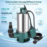 Pompe de relevage eaux chargees 1100w, pompe d?evacuation pour eaux chargees, 16500l / h pompe immergee ...