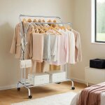 Portant � v�tements, double barre avec roues, robuste, rangement et pr�sentation de v�tements, argent ...