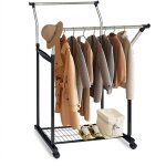 Portant a vetements reglable en hauteur avec 2 barres et roulettes
