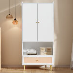 Porte - manteau, meuble d?entr�e, vestiaire 2 portes 80x175 cm blanc, tiroir rotin pe, tringle, pieds ...