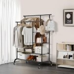 Porte manteau, portant  vtement penderie sur pied cintre tiges double avec tagre de rangement chaussures ...