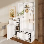 Porte - manteau sur pied en bois avec miroir, meuble  chaussures 2 tiroirs, crochets rglables, 105x38x180cm, ...