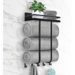 Porte - serviettes mural avec �tag�re en m�tal et 5 crochets (adapt� aux petites salles de bains), porte ...