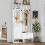 Portemanteau 6 - en - 1 100x30x180 cm avec 8 crochets, banc, meuble � chaussures avec coussin, 2 tiroirs ...