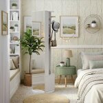 Portemanteau avec miroir plein pied, barre et crochets, 2 tiroirs, base pivotante � 360�, meuble d'entr�e, ...