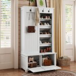 Portemanteau sur pied blanc avec meuble � chaussures int�gr�, 4 crochets, mdf, 100�50�180 cm