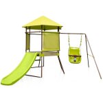 Portique de balanoire 4 en 1 pour enfants aire de jeu en mtal avec cabane couverte sige bb rglable ...