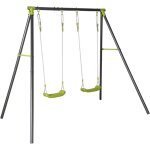 Portique balançoire double en métal bise. 2 places. noir et vert. acier. l 217 x p 153 x h 195 cm Portique balançoire double en métal bise. 2 places. noir et vert. acier. l 217 x p 153 x h 195 cm