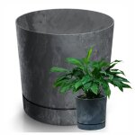 Pot de fleurs effet b�ton gris 30 cm avec soucoupe clic + drop syst produit poli